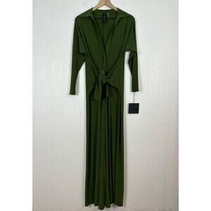 Norma Kamali Green Ty Front NK Shirt Wide Leg Jumpsuit Olive Green NWT Size XXS